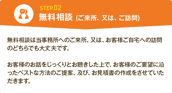 STEP.02 無料相談 ご来所、又は、ご訪問 無料相談は当事務所へのご来所、又は、お客様ご自宅への訪問のどちらでも大丈夫です。お客様のお話をじっくりとお聴きした上で、お客様のご要望に沿ったベストな方法のご提案、及び、お見積書の作成をさせていただきます。