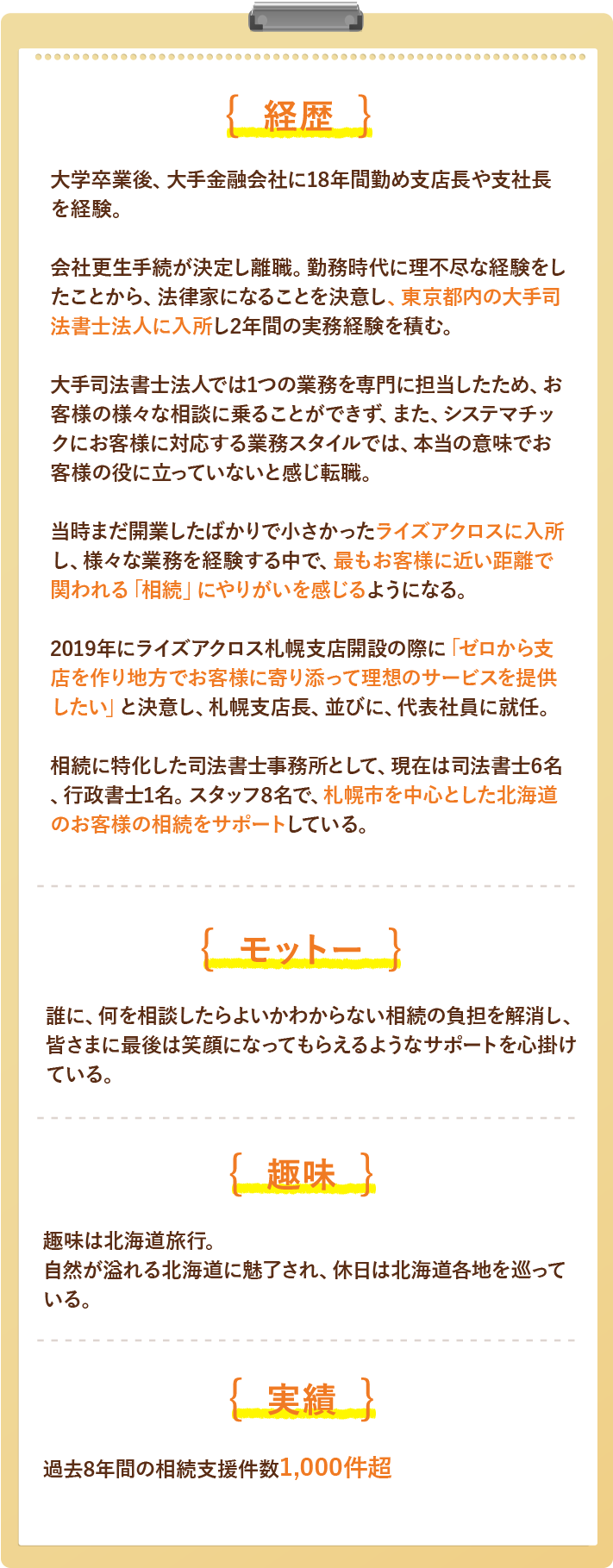 { 経歴 }大学卒業後、大手金融会社に18年間勤め支店長や支社長を経験。会社更生手続が決定し離職。勤務時代に理不尽な経験をしたことから、法律家になることを決意し、東京都内の大手司法書士法人に入所し2年間の実務経験を積む。大手司法書士法人では1つの業務を専門に担当したため、お客様の様々な相談に乗ることができず、また、システマチックにお客様に対応する業務スタイルでは、本当の意味でお客様の役に立っていないと感じ転職。当時まだ開業したばかりで小さかったライズアクロスに入所し、様々な業務を経験する中で、最もお客様に近い距離で関われる「相続」にやりがいを感じるようになる。2019年にライズアクロス札幌支店開設の際に「ゼロから支店を作り地方でお客様に寄り添って理想のサービスを提供したい」と決意し、札幌支店長、並びに、代表社員に就任。相続に特化した司法書士事務所として、現在は司法書士6名、行政書士1名。スタッフ8名で、札幌市を中心とした北海道のお客様の相続をサポートしている。{ モットー }誰に、何を相談したらよいかわからない相続の負担を解消し、皆さまに最後は笑顔になってもらえるようなサポートを心掛けている。{ 趣味 }趣味は北海道旅行。自然が溢れる北海道に魅了され、休日は北海道各地を巡っている。{ 実績 }過去8年間の相続支援件数1,000件超